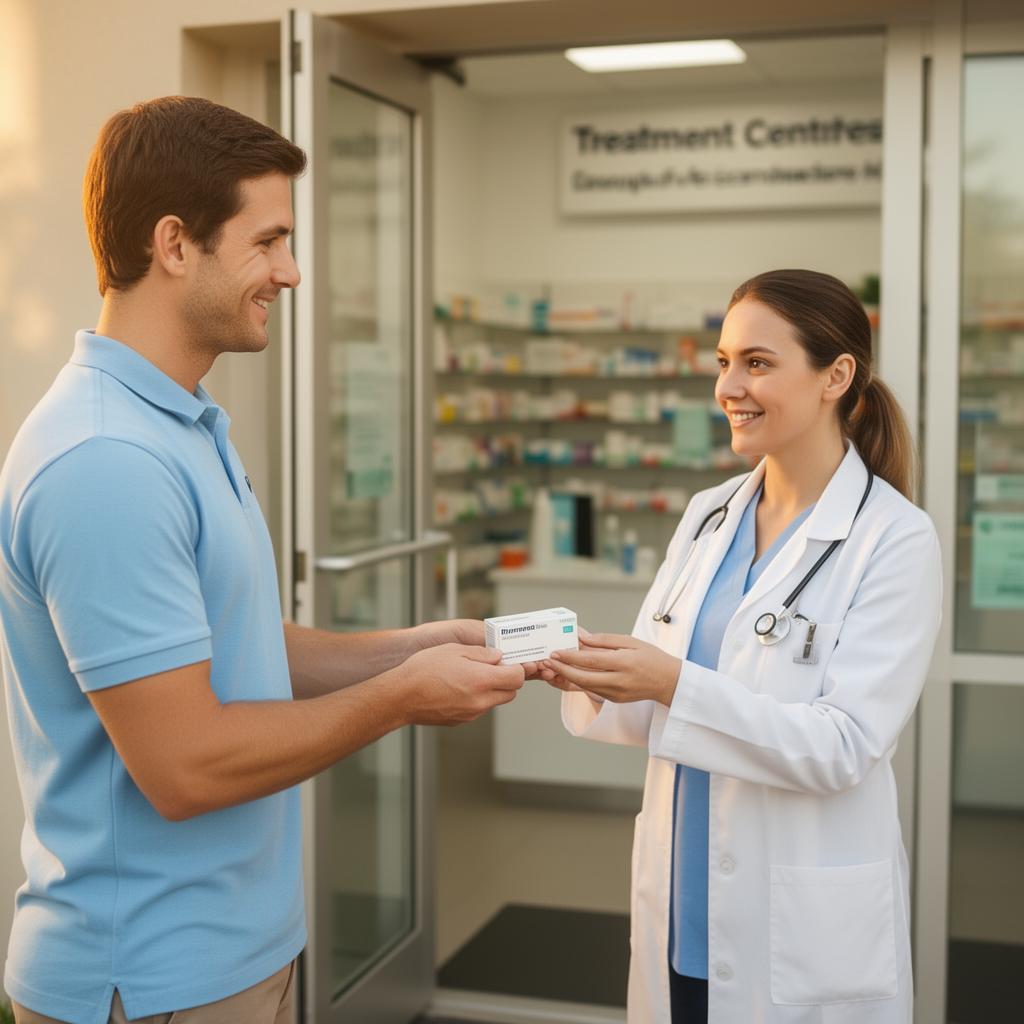 A DHP courier handing medication to a clinician at a treatment center